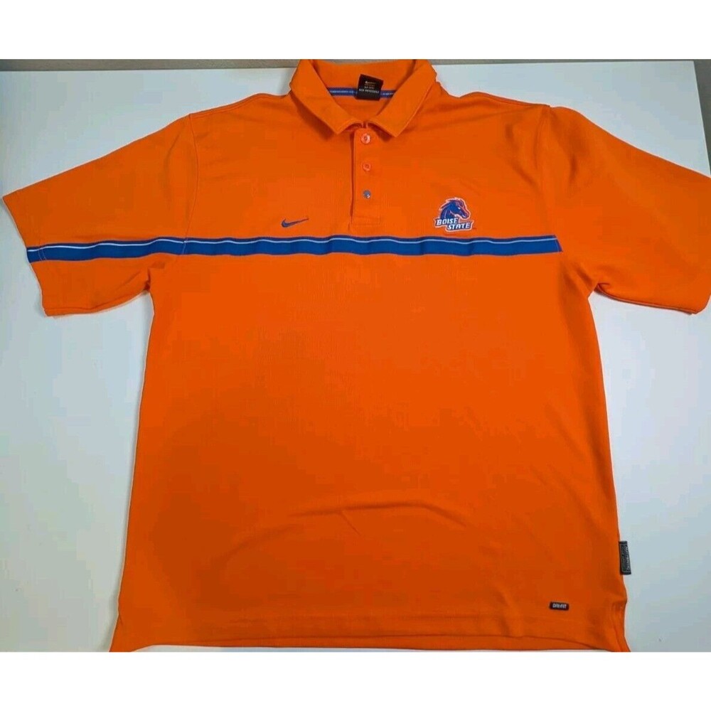 Boise Broncos Football Polo Shirt L Orange Blue Nike Dri Fit NCAA Logo Collar